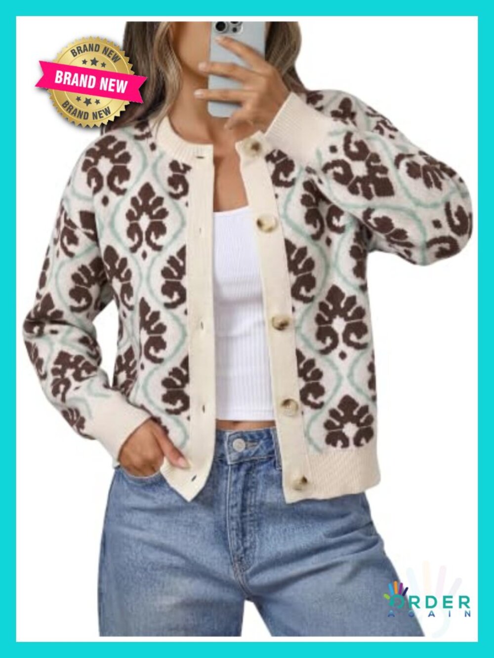 Women's Floral Cropped Cardigan Button Up Knit Vintage Sweater